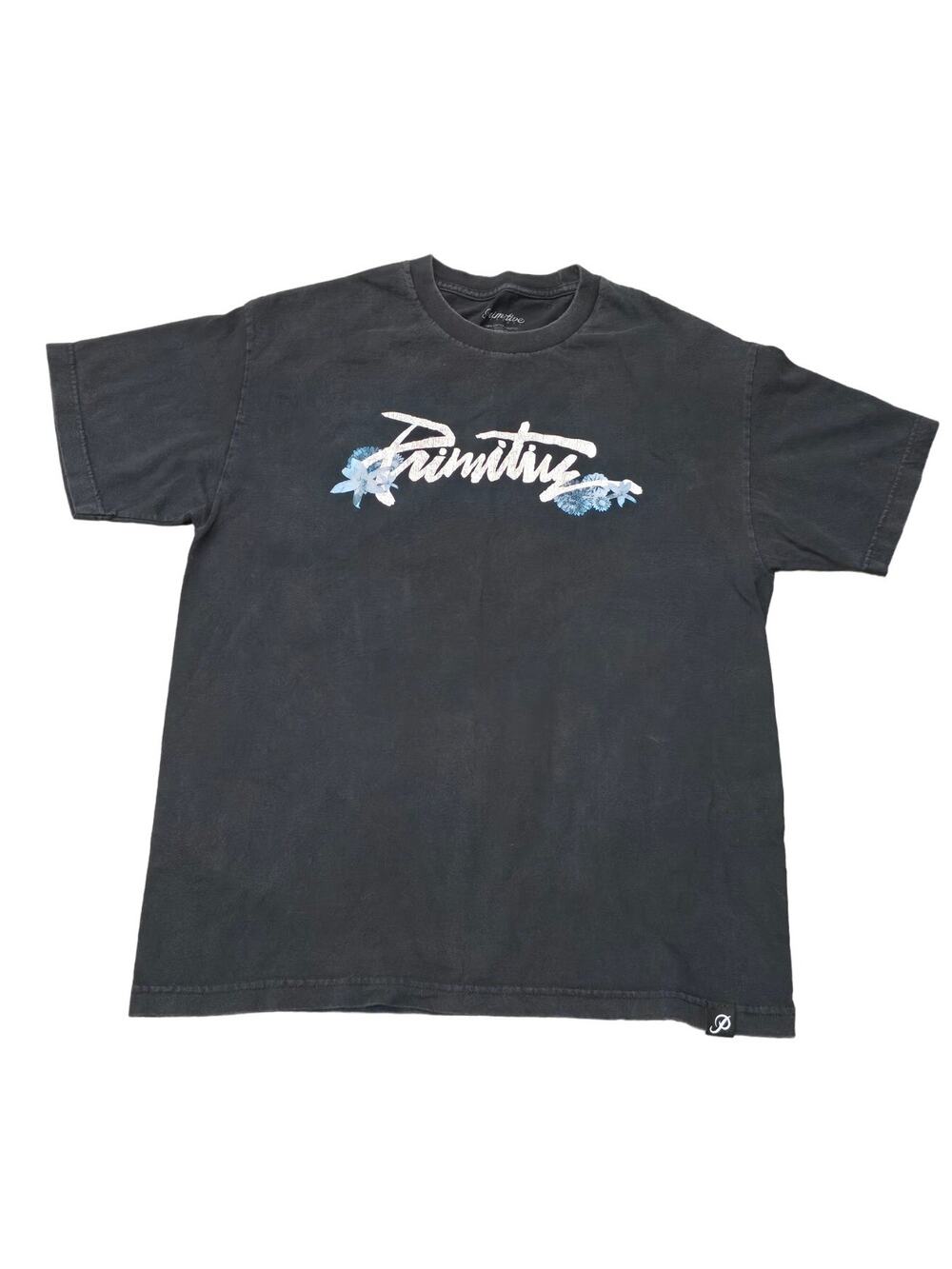 Primitive Apparel Black w. White & Blue Floral Graphic Logo Short Sleeve Shirt